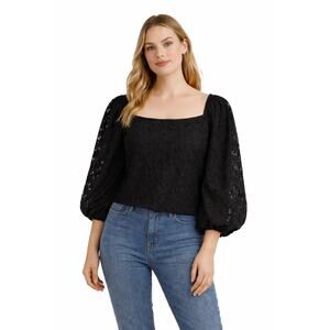 Mustard Seed Black Crop Smocked Blouse Balloon Sleeve Witchygoth Womens Medium